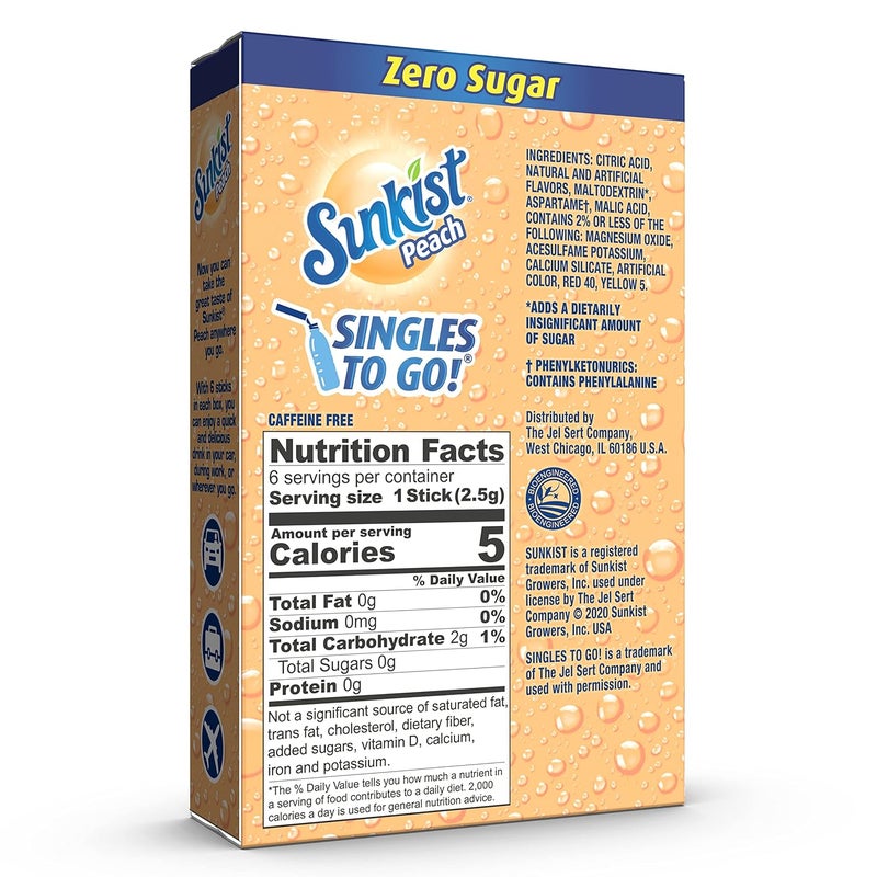 Sunkist Peach Singles To Go! Sugar-Free Drink Mix - 12 Boxes with 6 Packets Each, Total 72 Count - Image 3