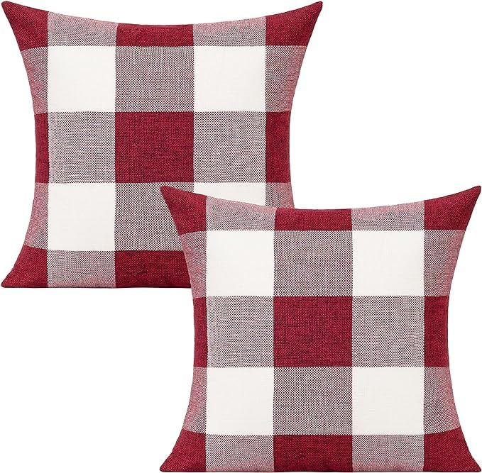 VAKADO Christmas Throw Pillow Covers 18x18 Set of 2 Red and White Buffalo Check Plaid Xmas Outdoor Valentine Holiday Farmhouse Decorative Cushion Cases Home Dcor for Sofa Couch Bedroom
