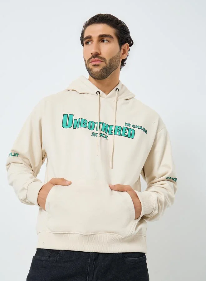 Styli Men Cream Graphic Print Relaxed Fit Hoodie