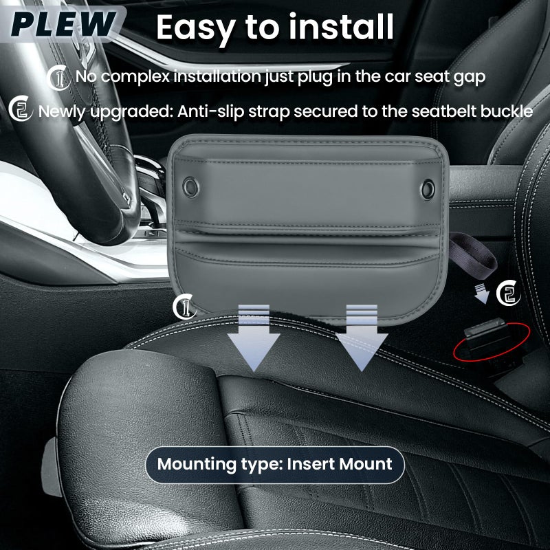 PLEW 2-Pack Car Seat Gap Filler Organizer - Upgraded Anti-Slip Strap Design - Premium Leather Side Console Pocket - Prevent Phone Falling - Universal Fit Car Essentials for SUV, Truck & Sedan, Grey - Image 4