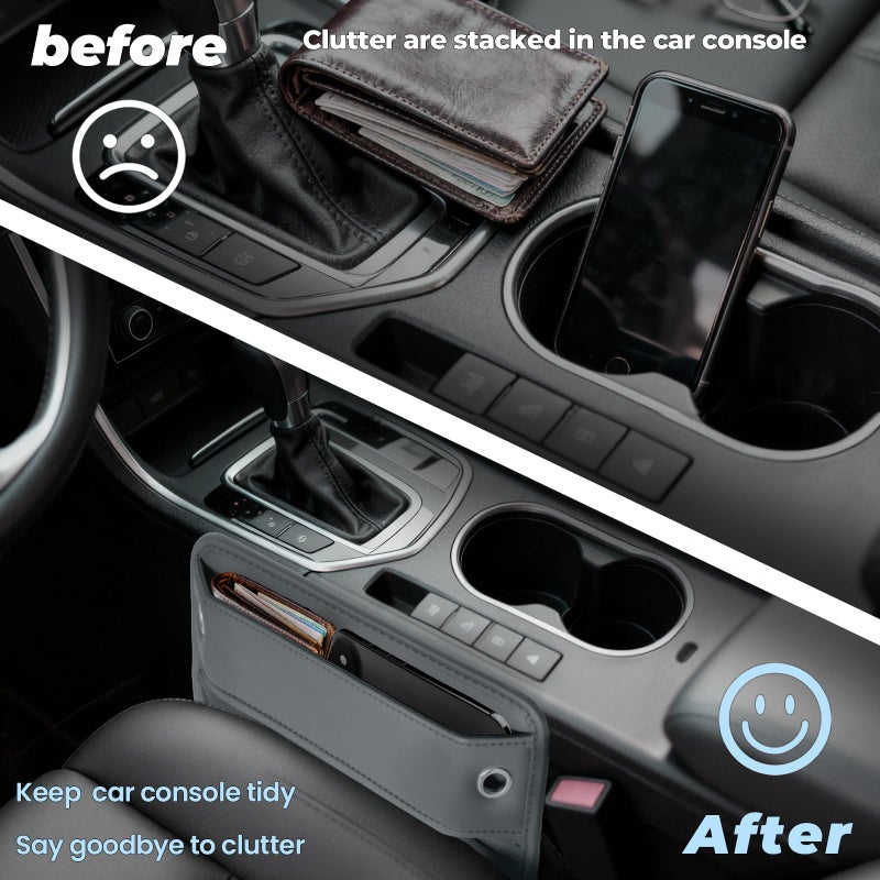 PLEW 2-Pack Car Seat Gap Filler Organizer - Upgraded Anti-Slip Strap Design - Premium Leather Side Console Pocket - Prevent Phone Falling - Universal Fit Car Essentials for SUV, Truck & Sedan, Grey - Image 3