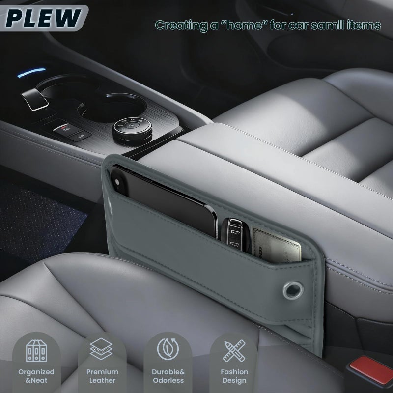 PLEW 2-Pack Car Seat Gap Filler Organizer - Upgraded Anti-Slip Strap Design - Premium Leather Side Console Pocket - Prevent Phone Falling - Universal Fit Car Essentials for SUV, Truck & Sedan, Grey - Image 2