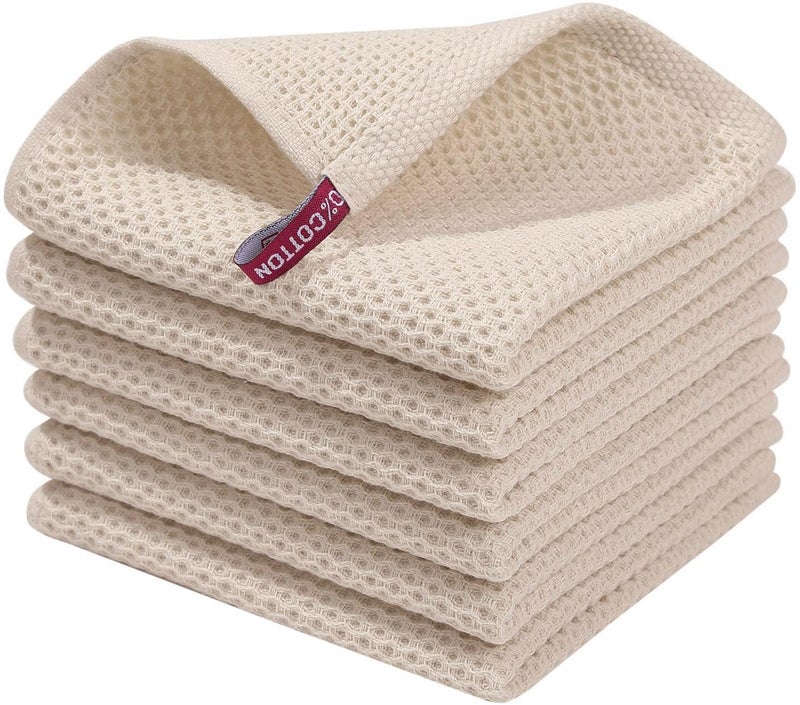 Homaxy 100 Cotton Waffle Weave Kitchen Dish Cloths Ultra Soft Absorbent Quick Drying Dish Towels 12 x 12 Inches 6Pack Beige