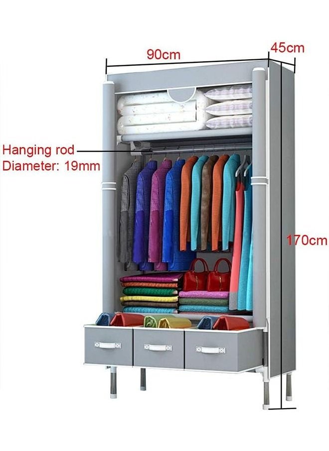 Beauenty Fabric Wardrobe Clothes Storage Closet with Three Drawer Zipper Foldable Non-Woven Cover Hanging Rod Freestanding Canvas Garment Organizer Rack for Bedroom Home (Grey)  - Image 4