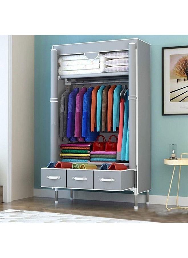 Beauenty Fabric Wardrobe Clothes Storage Closet with Three Drawer Zipper Foldable Non-Woven Cover Hanging Rod Freestanding Canvas Garment Organizer Rack for Bedroom Home (Grey)  - Image 1