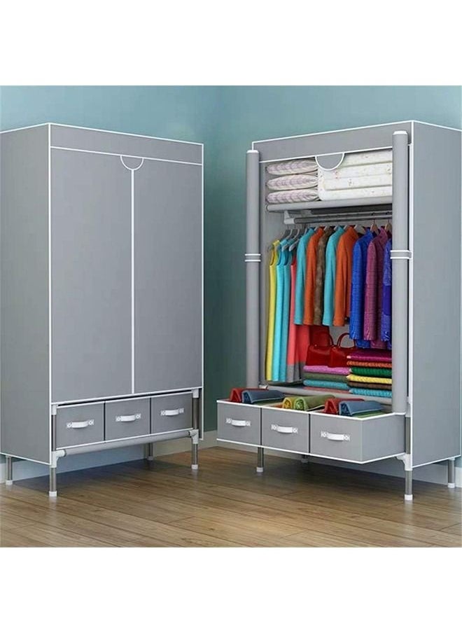 Beauenty Fabric Wardrobe Clothes Storage Closet with Three Drawer Zipper Foldable Non-Woven Cover Hanging Rod Freestanding Canvas Garment Organizer Rack for Bedroom Home (Grey)  - Image 2