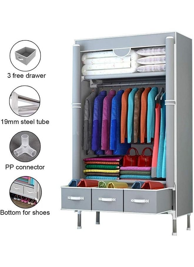 Beauenty Fabric Wardrobe Clothes Storage Closet with Three Drawer Zipper Foldable Non-Woven Cover Hanging Rod Freestanding Canvas Garment Organizer Rack for Bedroom Home (Grey)  - Image 5