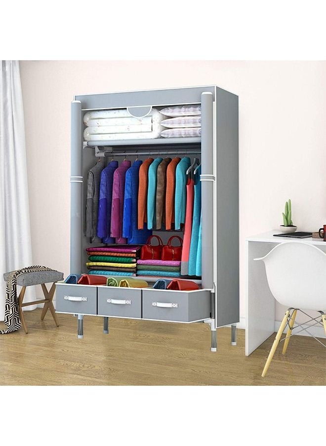 Beauenty Fabric Wardrobe Clothes Storage Closet with Three Drawer Zipper Foldable Non-Woven Cover Hanging Rod Freestanding Canvas Garment Organizer Rack for Bedroom Home (Grey)  - Image 3