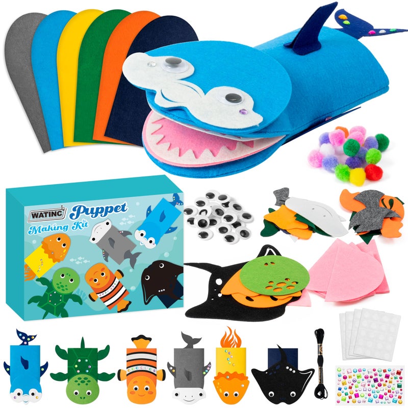 WATINC 6Pcs Hand Puppet Making Kit Art Craft Felt Sock Puppet Toys Creative DIY Make Your Own Pompoms Wiggle Googly Eyes Storytelling Role Play Party Supplies Gift for Girls Boys Ocean Animals - Image 2