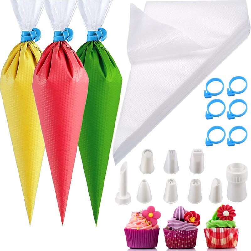 ELJRBCK Piping Bags and Tips Set 100Pcs 14 Inch Icing Bags Pastry Bags Disposable for Cakes Decorating Tools Supplies with 1 Couplers 8 Frosting Tips 6Bag Ties