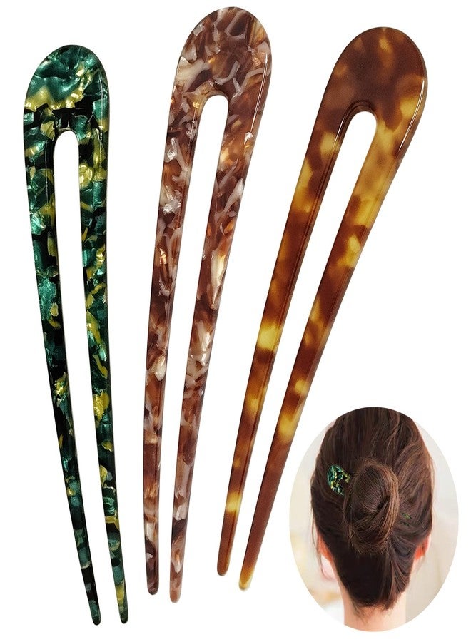 HYFEEL French Hair Pins U Shape Updo Hair Forks 2 Prong Bun Twist Chignon Stick Clips for Women Hair Accessories, 3 Pcs (Green,Tortoise,Brown Floral) - Image 1