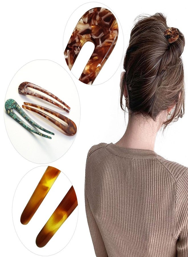 HYFEEL French Hair Pins U Shape Updo Hair Forks 2 Prong Bun Twist Chignon Stick Clips for Women Hair Accessories, 3 Pcs (Green,Tortoise,Brown Floral) - Image 5