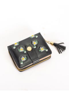 The Black Pearl Accessories Leather Flip Wallet & CardHolder with 9 Pockets and Zipped Pocket Flowery Black  - Image 1