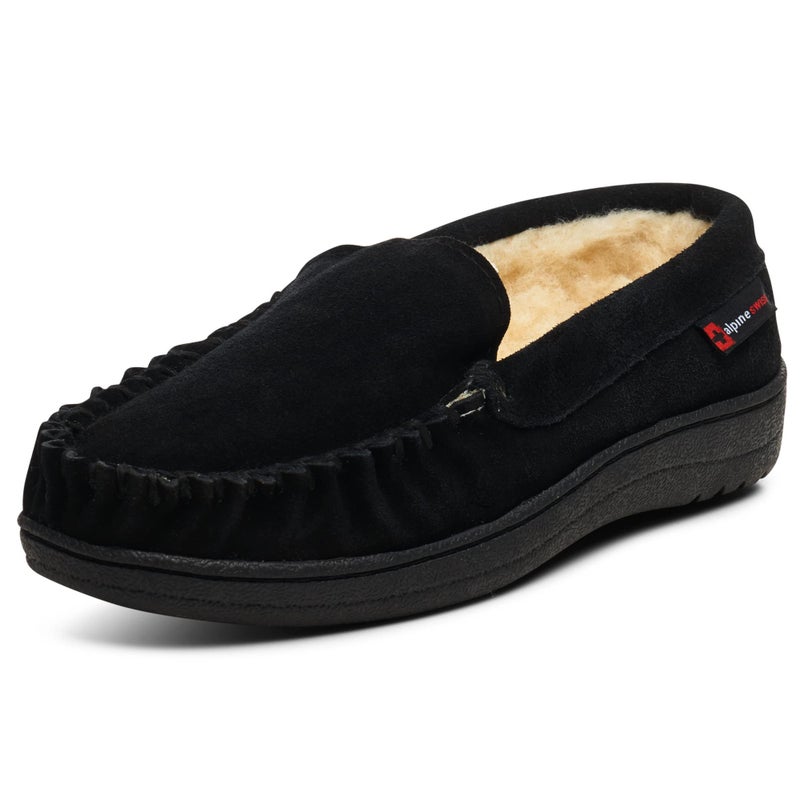 Alpine Swiss Yukon Mens Suede Shearling Slip On Moccasin Slippers Black 8 M US - Image 1