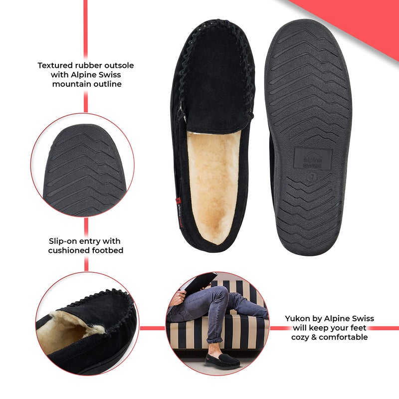 Alpine Swiss Yukon Mens Suede Shearling Slip On Moccasin Slippers Black 8 M US - Image 3