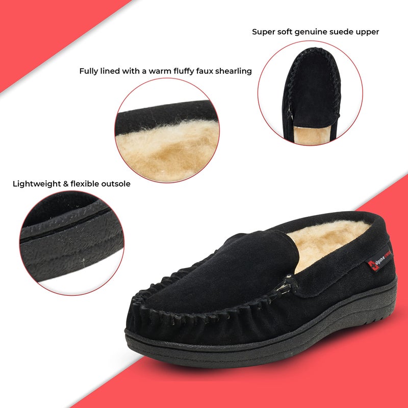 Alpine Swiss Yukon Mens Suede Shearling Slip On Moccasin Slippers Black 8 M US - Image 2