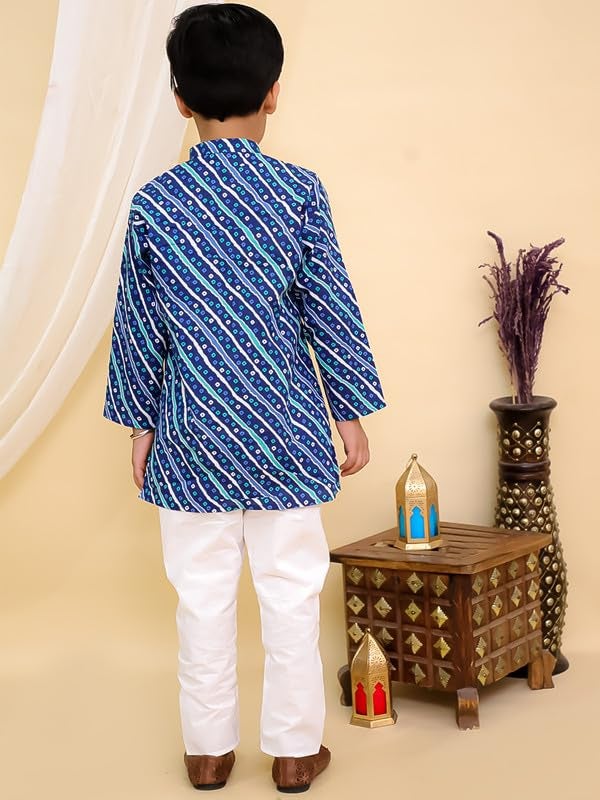superminis Cottton Full Sleeves Lehariya Printed Kurta Pyjama Set for Boys (5-6 Years, Blue) - Image 3