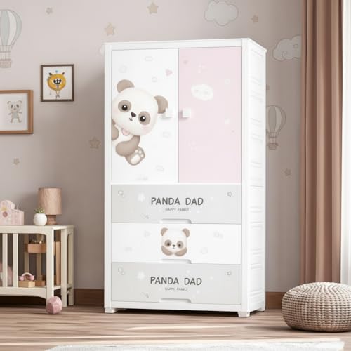 Mevigo 4- Door Plastic Wardrobe for Kids| Almirah and Wardrobe for Baby Clothes| Modular Storage Cabinet with Wheel Organizer for Cupboard Rack for Clothes/Shoes/Books/Toy -Little panda-SJ6514 - Image 1
