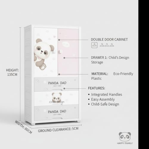 Mevigo 4- Door Plastic Wardrobe for Kids| Almirah and Wardrobe for Baby Clothes| Modular Storage Cabinet with Wheel Organizer for Cupboard Rack for Clothes/Shoes/Books/Toy -Little panda-SJ6514 - Image 4