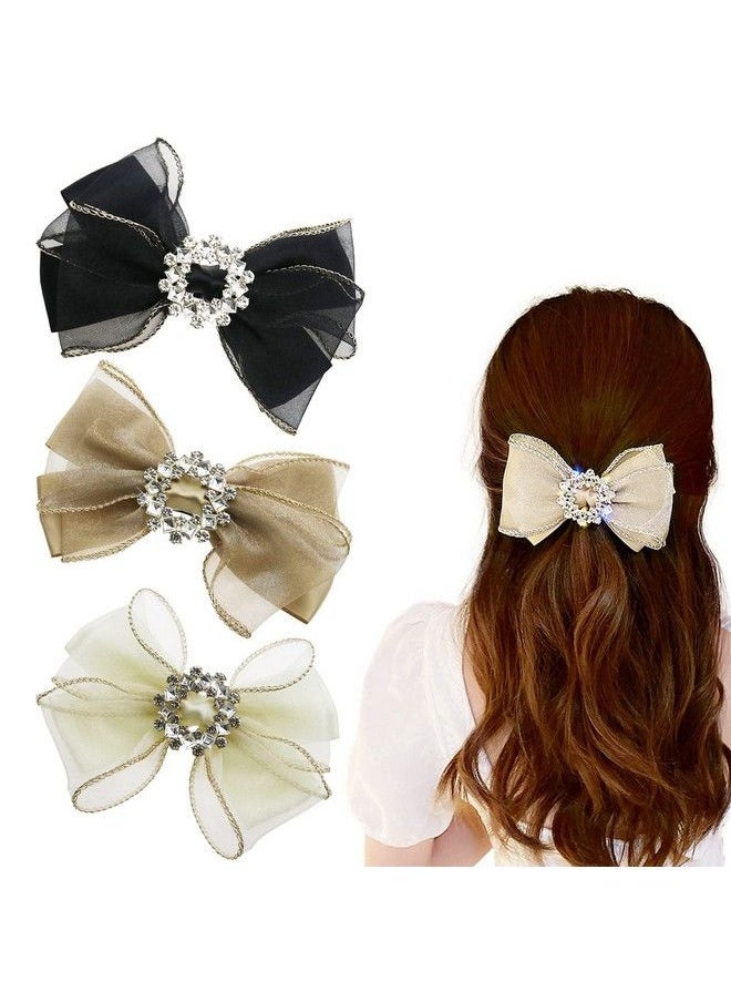 DonLeeving - 3 Pack 5.5Inch Large Bow Hair Clip Cute Rhinestone Bowknot Hair Barrette Mesh Hair Bow Hair Accessories For Women Girls - Image 1