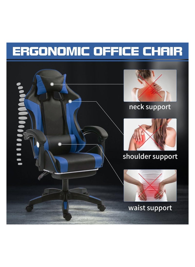 Gogoya - Gaming Chair, Adjustable Computer Chair, Computer Office, Pu Leather, High Backrest, Lumbar Support, Comfortable Armrests, Headrest With Footrest,Blue - Image 1