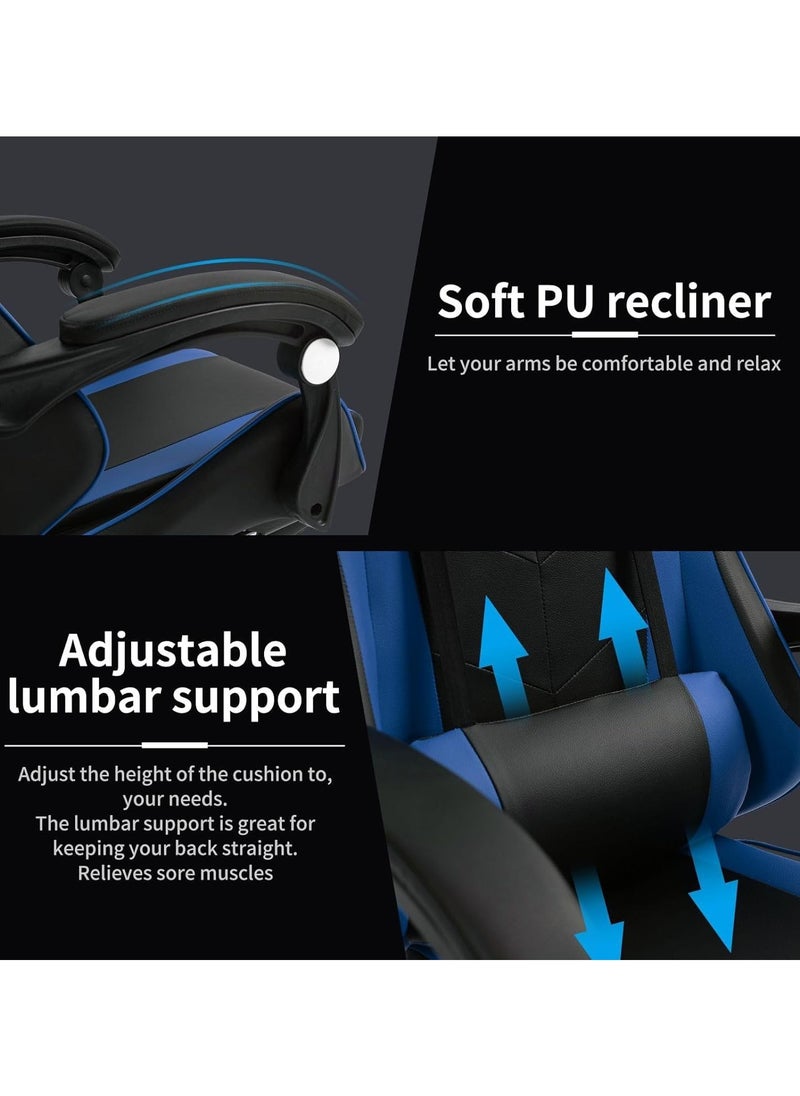 Gogoya - Gaming Chair, Adjustable Computer Chair, Computer Office, Pu Leather, High Backrest, Lumbar Support, Comfortable Armrests, Headrest With Footrest,Blue - Image 1
