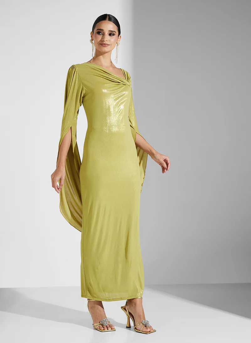 Golden Apple Draped Shoulder Gown Dress