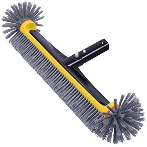 POOLAZA Pool Brush Head with Round Ends, Heavy Duty Pool Brushes for Cleaning Pool Walls, Floors Steps & Corners, 17.5" Pool Brush with Sturdy Aluminum Handle & Durable Nylon Bristles (Yellow) - Image 1
