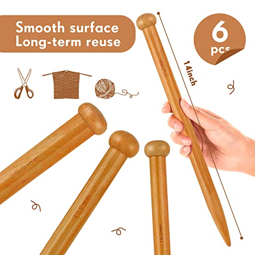 MTLEE 6 Pcs Large Knitting Needles Jumbo Straight Wooden Knitting Needles 3 Sizes Extra Large Weaving Tool for Chunky Yarn Beginner DIY Fabric Crafts Crochet 15mm 20mm 25mm (Brown) - Image 2