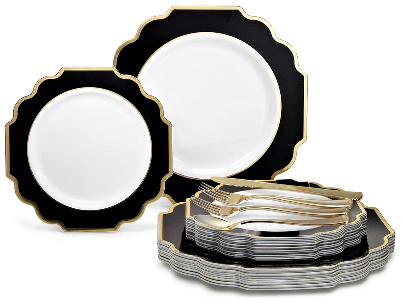 OCCASIONS  150 Piece set 25 GuestsWedding Plastic Plates  cutlery Disposable heavyweight Dinnerware 105 8  Silverware wdouble fork Imperial in WhiteBlack  Gold