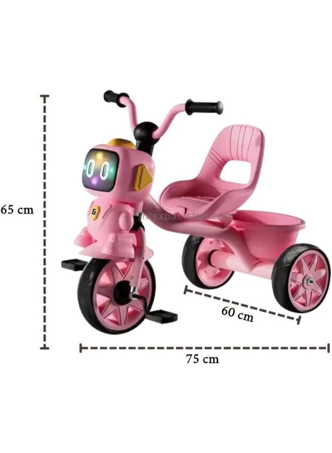 Tricycle with Cartoon Face, Lights & Music – Baby Cycle with Back Basket, 3-Wheel Ride-On for Boys & Girls Ages 2 to 5 (pink) BY HAPPY KIDDO - Image 1