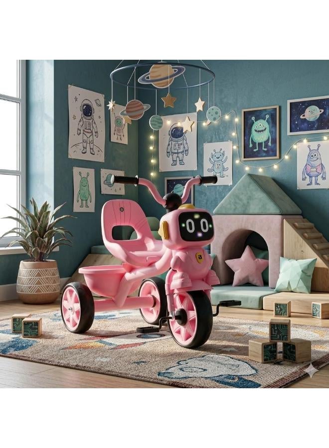 Tricycle with Cartoon Face, Lights & Music – Baby Cycle with Back Basket, 3-Wheel Ride-On for Boys & Girls Ages 2 to 5 (pink) BY HAPPY KIDDO - Image 3