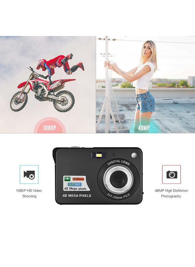 Generic - Portable 1080P Digital Camera Video Camcorder 48MP Anti-shake 8X Zoom 2.7 Inch LCD Screen Face Detact Smile Capture Built-in Lithium Battery with Carry Bag Wrist Strap for Kids Teens - Image 1
