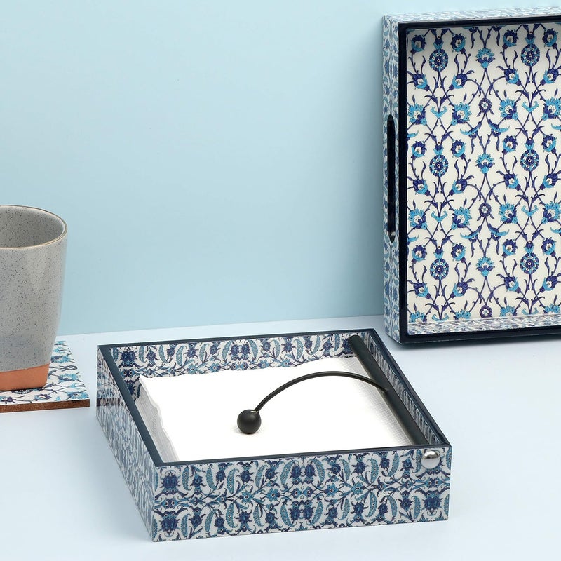 DULI Handmade Decorative Tissue Holder for Table in MDF 19x19cm Paper Napkin Holders for Dining Table Napkins Stand Fancy Tissue Paper Holder for Office Desk Tissue Dispenser Blue Moroccan