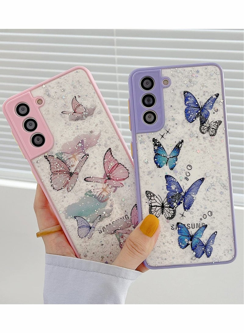 Captaintech Phone Case, Cute Animal Butterfly Glitter Transparent Cover Compatible Samsung Galaxy S21 Soft Silicone PU Shockproof Cover for Ladies Girls (Pink, Purple) 2 Pieces - Image 2