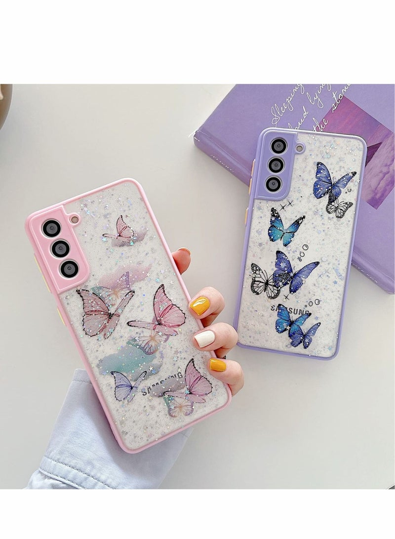 Captaintech Phone Case, Cute Animal Butterfly Glitter Transparent Cover Compatible Samsung Galaxy S21 Soft Silicone PU Shockproof Cover for Ladies Girls (Pink, Purple) 2 Pieces - Image 1