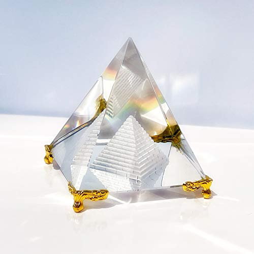 Together-life Crystal Pyramid Prism, Feng Shui Crafts Meditation Crystal with Gold Stand for Home Office Art Decor, Pyramids Gift, Stand for Prosperity, Positive Energy and Good Luck(8cm) - Image 1