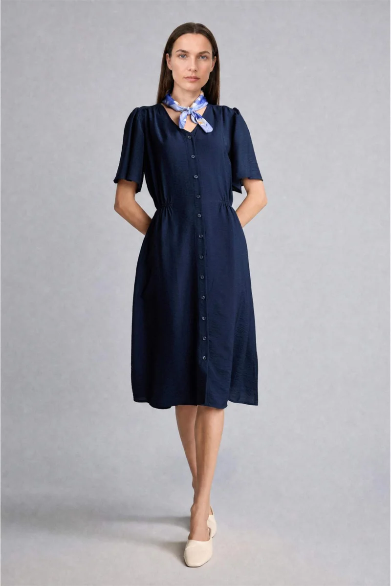 Defacto A-Length V-Neck Short Sleeve Navy Midi Dress