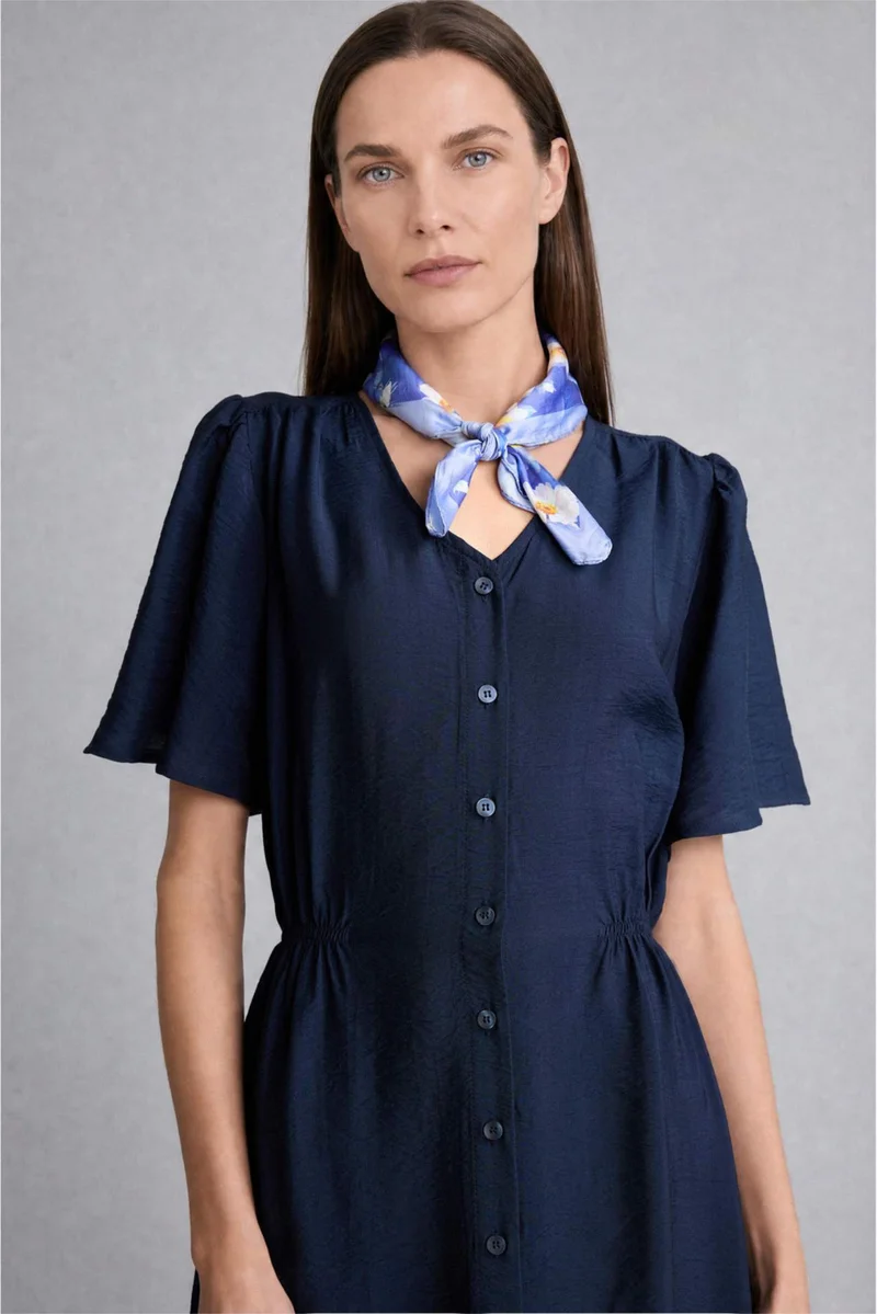 Defacto A-Length V-Neck Short Sleeve Navy Midi Dress