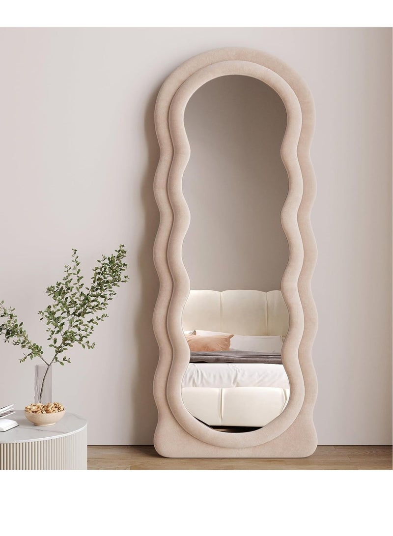Vparty Full-Length Floor Mirror with Stand, Wall-Mounted Standing Mirror, Irregular Wavy Design, Flannel-Wrapped Wooden Frame, 160x60cm, HD Image, Firm Bottom with Non-Slip Base, Stylish and Durable Full Body Mirror for Bedroom, Living Room, Hallway, Dressing Room, Contemporary Floor Mirror, Modern Home Decor (Beige)  - Image 1