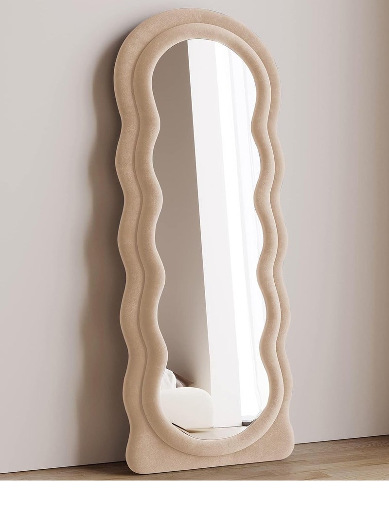 Vparty Full-Length Floor Mirror with Stand, Wall-Mounted Standing Mirror, Irregular Wavy Design, Flannel-Wrapped Wooden Frame, 160x60cm, HD Image, Firm Bottom with Non-Slip Base, Stylish and Durable Full Body Mirror for Bedroom, Living Room, Hallway, Dressing Room, Contemporary Floor Mirror, Modern Home Decor (Beige)  - Image 3