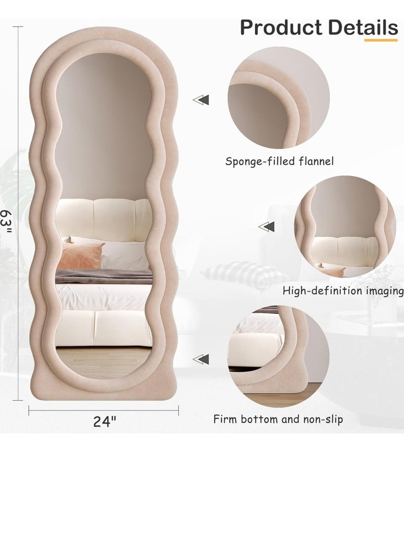 Vparty Full-Length Floor Mirror with Stand, Wall-Mounted Standing Mirror, Irregular Wavy Design, Flannel-Wrapped Wooden Frame, 160x60cm, HD Image, Firm Bottom with Non-Slip Base, Stylish and Durable Full Body Mirror for Bedroom, Living Room, Hallway, Dressing Room, Contemporary Floor Mirror, Modern Home Decor (Beige)  - Image 5