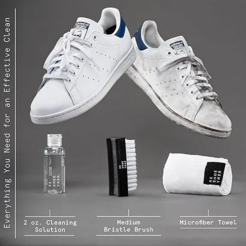 RESHOEVN8R Starter Shoe Cleaning Kit â€“ Sneaker Cleaner with 2oz Shoe Cleaning Solution, Medium Bristle Brush & Microfiber Towel â€“ Safe for Canvas, Mesh, Leather, Nubuck, Knit, Plastic & Rubber Shoes - Image 3