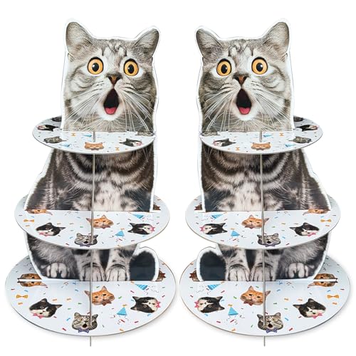 partyzoa 2 Pack Cat Cupcake Stand Birthday Party Decorations Supplies, Cat 3 Tier Cardboard Cupcake Stand Cup Cake Tower Display Dessert Holder Set for Birthday Party Decor Supplies Favors - Image 1