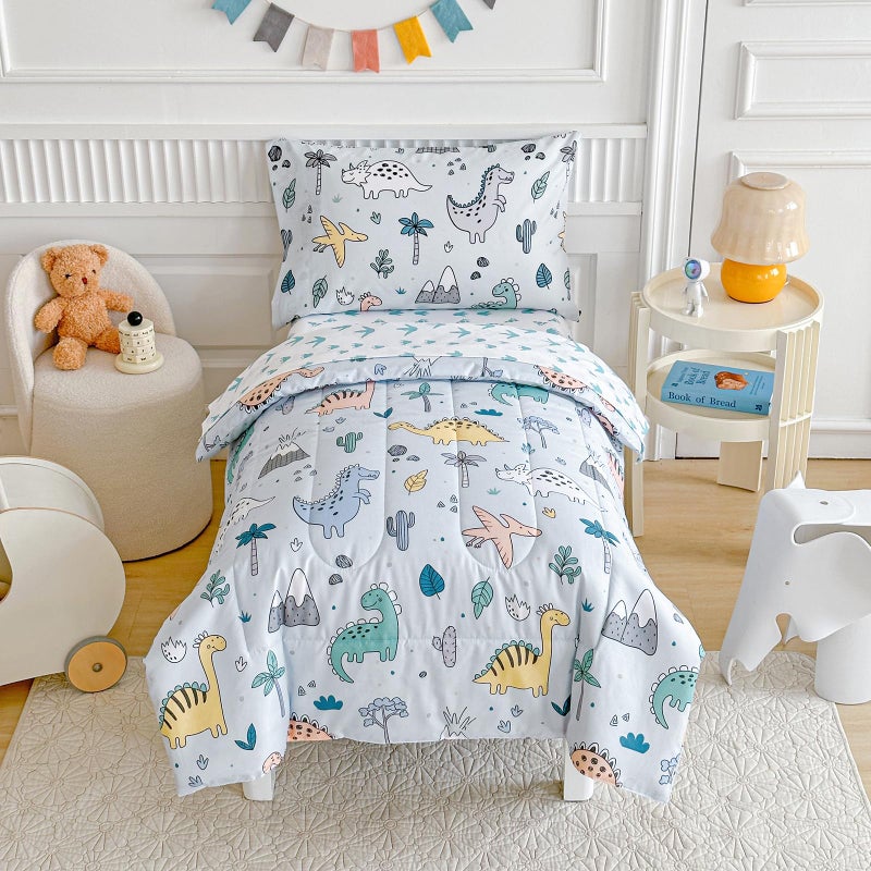 Joyreap Joyreap 4 Piece Toddler Bedding Set Cute Dinosaur on Light Blue Ultra Soft Microfiber Toddler Comforter for Kids Boys Girls Includes Quilted Comforter Fitted Sheet Top Sheet and Pillow Case