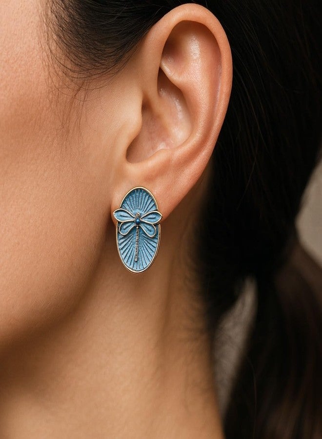 AMAAL Gold Plated Blue Enamel Dragonfly Stud Earrings for Women & Girls | Korean Oval Studs | Meenakari | Western Wedding,Earing | Stylish Jewellery for woman Valentine Gift for Girlfriend -521 - Image 2