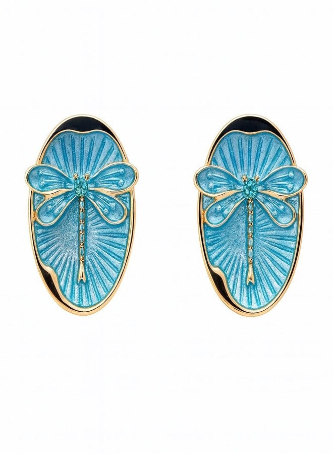 AMAAL Gold Plated Blue Enamel Dragonfly Stud Earrings for Women & Girls | Korean Oval Studs | Meenakari | Western Wedding,Earing | Stylish Jewellery for woman Valentine Gift for Girlfriend -521 - Image 1