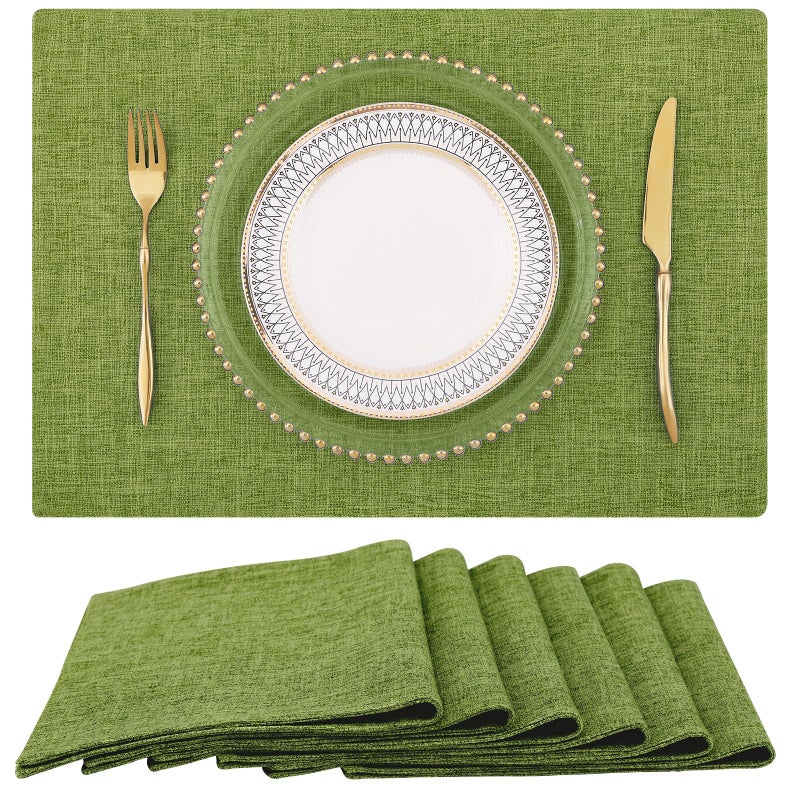 homing Cotton Linen Placemats Set of 6, Cloth Washable Farmhouse Dining Table Mats for Indoors & Outdoors, Easy to Clean, Grass Green, 13 x 19 Inch - Image 1
