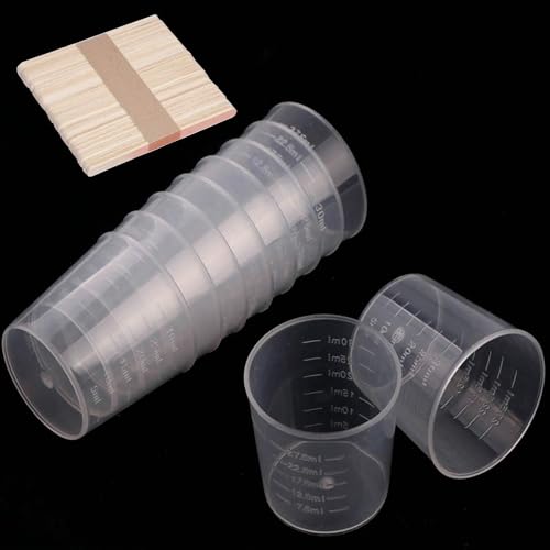 Goiio 100 Pack 1oz/30ml Plastic Graduated Cups Transparent Scale Cups with 50 Pack Wooden Stirring Sticks for Mixing Paint, Stain, Epoxy, Resin - Image 1