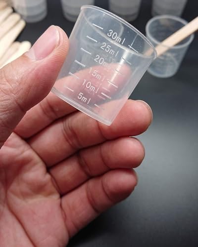 Goiio 100 Pack 1oz/30ml Plastic Graduated Cups Transparent Scale Cups with 50 Pack Wooden Stirring Sticks for Mixing Paint, Stain, Epoxy, Resin - Image 2